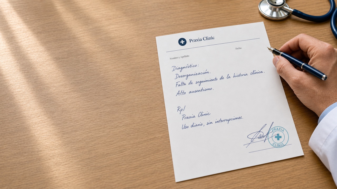 Receta médica de Praxia Clinic recién escrita a mano. Diagnóstico: desorganización, falta de seguimiento de la historia clínica, alto ausentismo. Rp/ Praxia Clinic, uso diario, sin interrupciones.